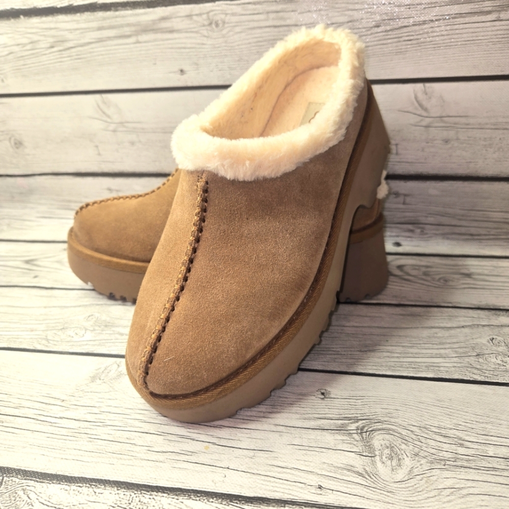 UGG Chestnut Suede Shearling Lined Platform Clog